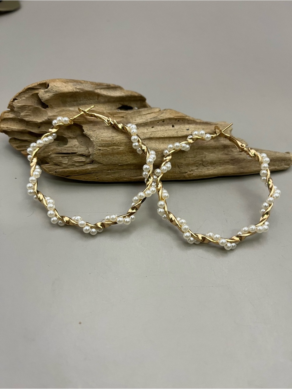 Gold Tone Twisted Pearl Hoop Earrings 2" Faux Pearl Beaded Hoops Bridal Wedding